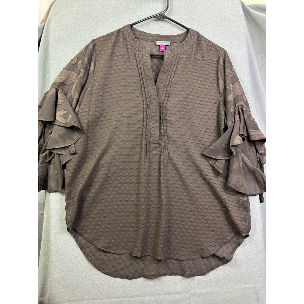 Vince Camuto Brown Jacquard Ruffle Sleeve Blouse Split V-Neck Top Women's Medium